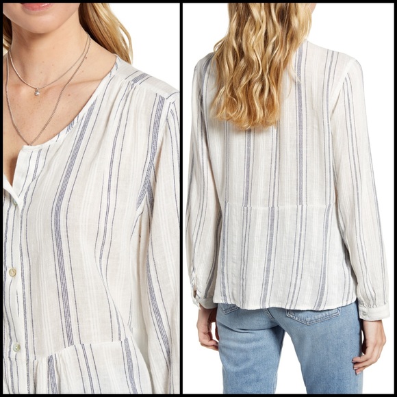 Rails Linen Blend Stripe Button Down Flare Blouse - Picture 3 of 8